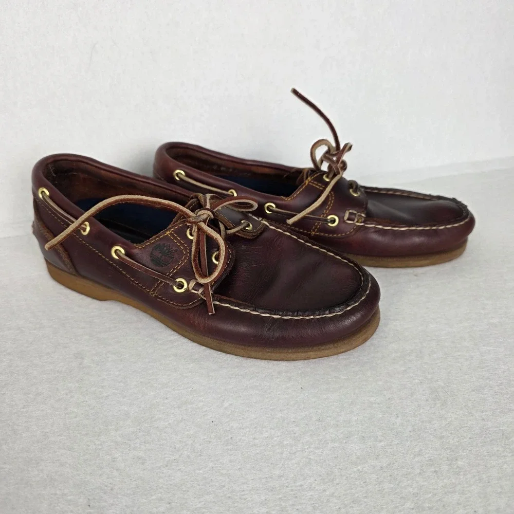 Timberland Mens Burgundy Brown Leather Boat Shoes Classic Moc Toe Loafers 8M